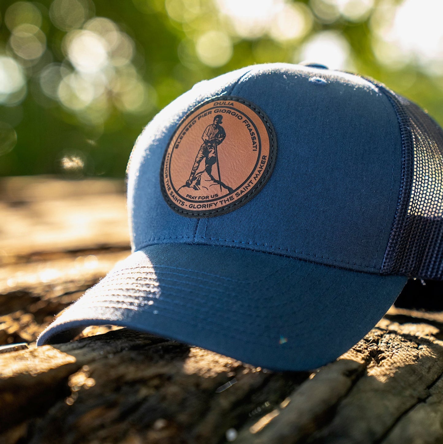Leather patch trucker hat with Blessed Pier Giorgio Frassati