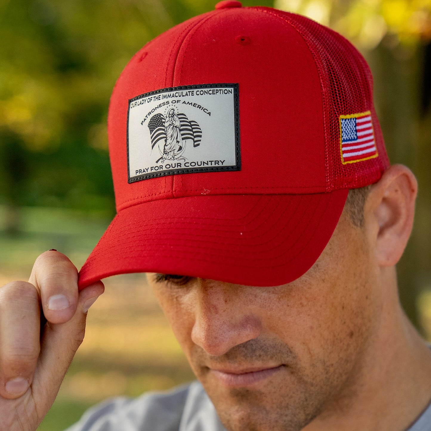 Patch trucker hat with Our Lady of the Immaculate Conception Patroness of America