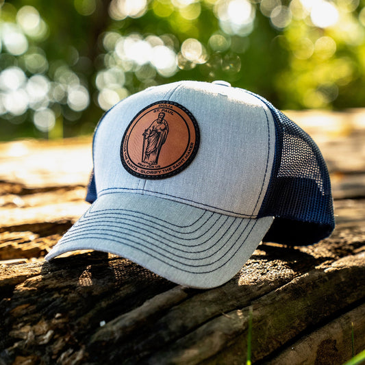 Leather patch trucker hat with St Paul