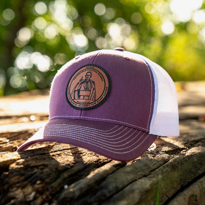 Leather patch trucker hat with Venerable Fulton Sheen